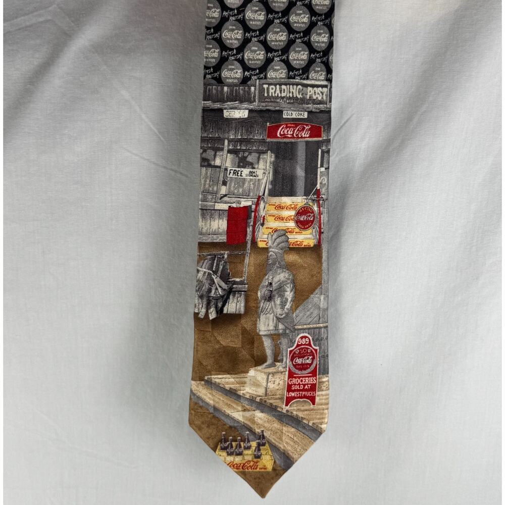 Coca-Cola Silk Tie 1990s Trading Post Wooden Indian Statue Design NWOT